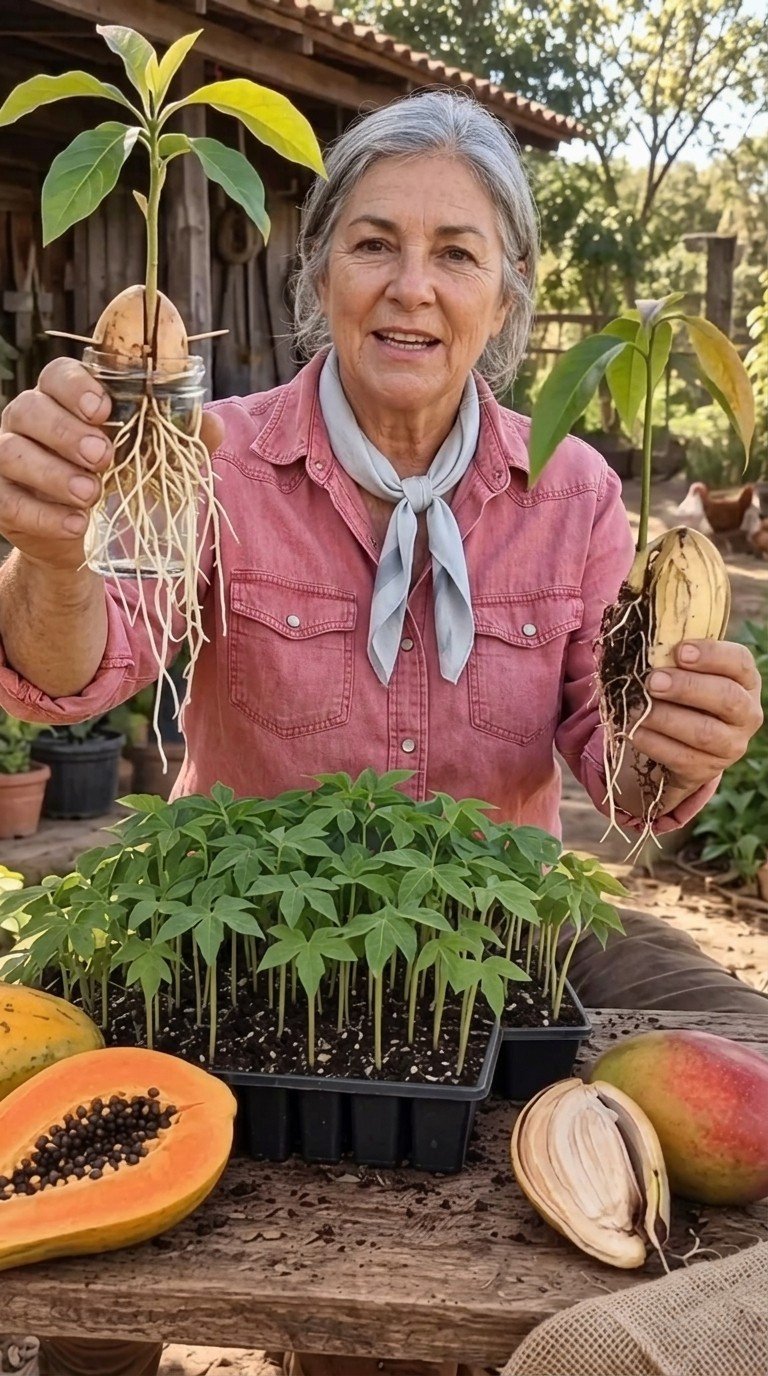 Noeli Machado segurando mudas de abacate e mamão em um quintal produtivo, com uma casa rústica ao fundo