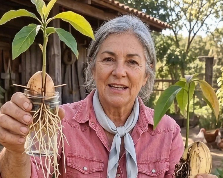Noeli Machado sorrindo, de lenço no pescoço, segurando mudas de abacate e mamão no quintal